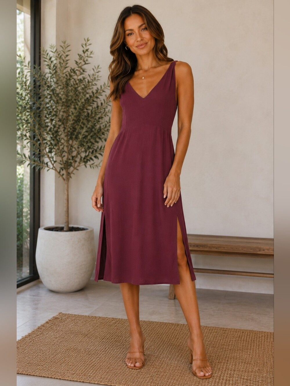 Little Moon V-Neck Midi Dress in Deep Wine